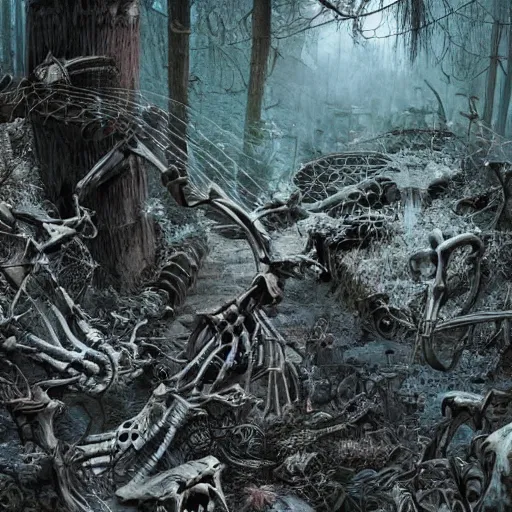 Image similar to exotic forest of bones and spiderwebs, post apocalyptic, hyper detailed