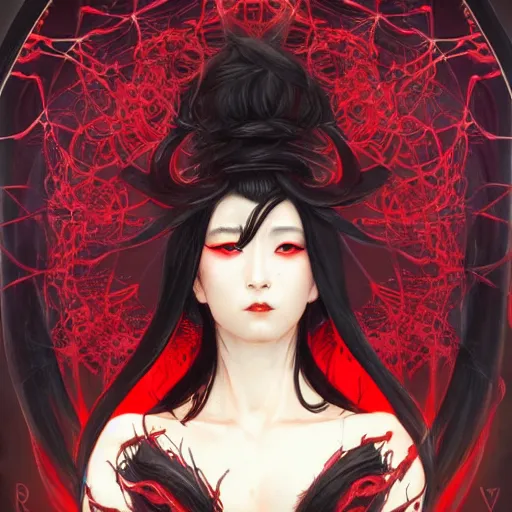 Image similar to japanese spider goddess, d & d, black and red color palette, highly detailed, digital painting, artstation, concept art, sharp focus, illustration, cinematic lighting, art by artgerm and greg rutkowski and alphonse mucha