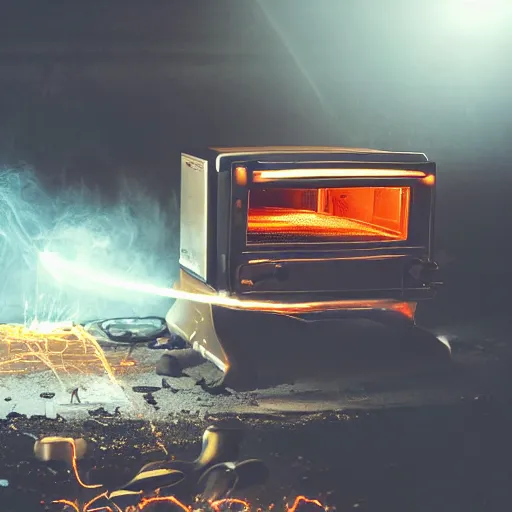 Image similar to cyborg toaster oven repairman, dark messy smoke - filled cluttered workshop, dark, dramatic lighting, orange tint, sparks, plasma rays, cinematic, highly detailed, sci - fi, futuristic, movie still, rule of thirds composition