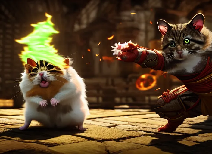 Image similar to hamster fights a cat in mortal kombat on the background of a laughing shao khan. fantasy magic style. highly detailed 8 k. intricate. lifelike. soft light. sony a 7 r iv 5 5 mm. unreal engine with nanite and path tracing