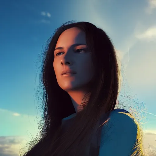 Image similar to silhouette profile of woman with flowing hair overlooking an expansive green hillside while leaves and a blue-yellow sky beam, extremely moody lighting, glowing light and shadow, atmospheric,, complex,symmetrical , 3-point perspective, high resolution, PBR, path tracing, volumetric lighting, octane render, arnold render