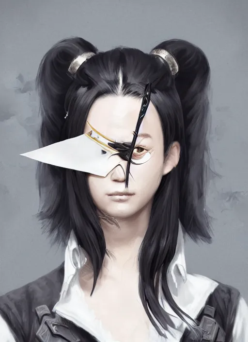 Image similar to a highly detailed illustration of fierce messy ponytail black haired one eyed japanese delinquent woman wearing long white delinquent coat and wearing eyepatch, dramatic wielding paper sword pose, intricate, elegant, highly detailed, centered, digital painting, artstation, concept art, smooth, sharp focus, league of legends concept art, wlop.