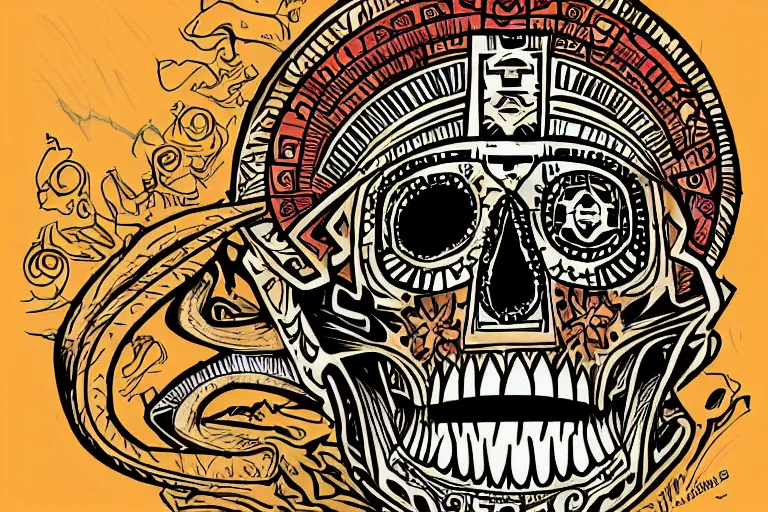 Image similar to aztec skull digitally painted by Tim Doyle