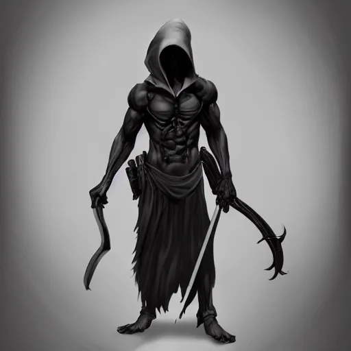 Image similar to Grim Reaper, creepy, muscled, horror, artstation