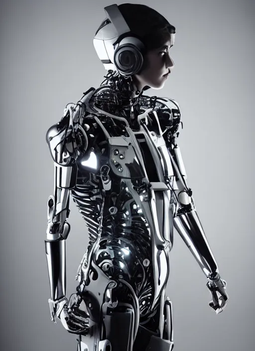 Image similar to Close upper body shot. Artistically angled subject. Professional studio portrait lighting. Technological fashion photography. Mechanical cybernetic suit designed by Ikeuchi Hiroto. Wearable design. Hydraulics. Reflective domes. Intricate tech. Formfitting. Bulky wearables. Receiver Antennae.