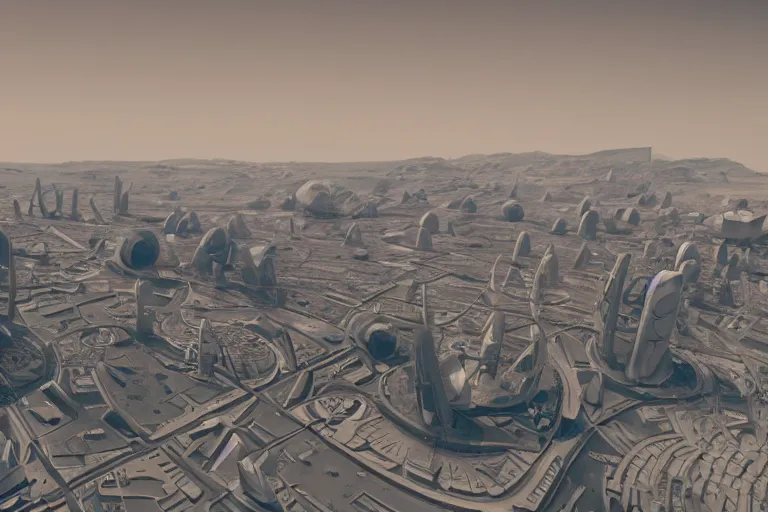 Image similar to Futuristic utopian city on Mars from a distance, wide angle shot