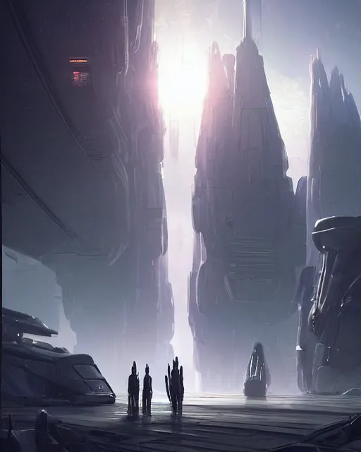 Prompt: A muted color painting of humanoid Aliens of the Sun on a space planet environment with futuristic city and vehicles, inspired by greg rutkowski and Keith Mallett, digital art, extremely moody lighting, glowing light and shadow, atmospheric, shadowy, cinematic