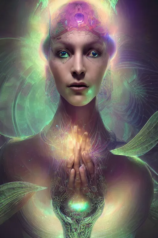 Image similar to a render of an ancient futuristic ethereal pixie with digital modifications surrounded by a underwater ink pour and flowing liquid gallium and complex sacred geometry, powerful, cinematic, beautifully lit, perfect face, by beeple, by artgerm, by karol bak, by brian froud, 3 d, trending on cgsociety, octane render, 8 k