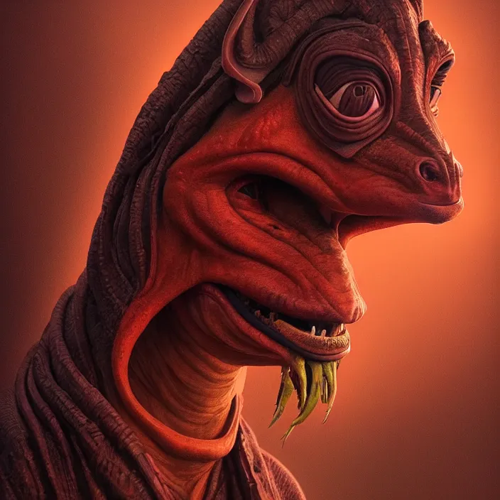 Image similar to portrait of jar jar binks. intricate abstract. intricate artwork. by tooth wu, wlop, beeple, dan mumford. phantom menace. octane render, trending on artstation, greg rutkowski very coherent symmetrical artwork. cinematic, hyper realism, high detail, octane render, 8 k, iridescent accents