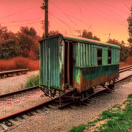 Prompt: angled photograph of an abandoned train cart during dusk, taken with 3 5 mm kodachrome film, award - winning photography, liminal, surreal, 4 k, hd