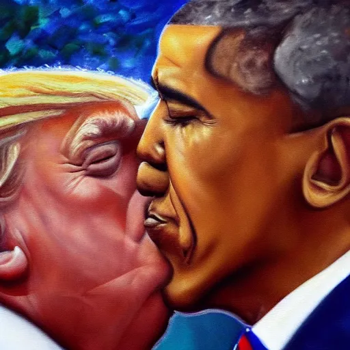 Image similar to oil painting of trump kissing obama, detailed, close up