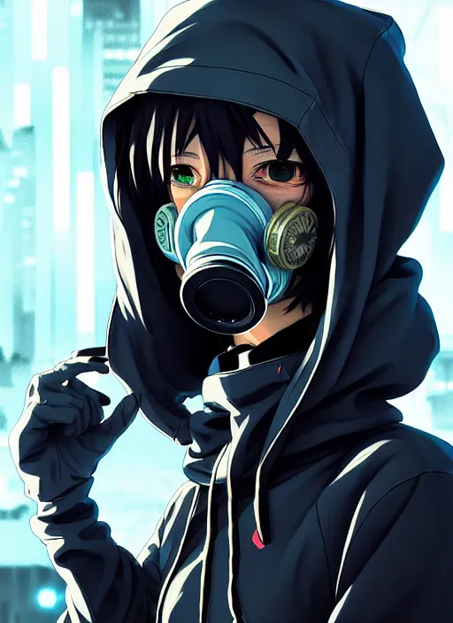 Image similar to cyberpunk anime girl in hoodie, cyberpunk gas mask, 3 / 4 shot, street night, grafity, beautiful face, grafity, arcane, action, tokyo street, detail, good face, pose model, concept art, in style of yoji shinkawa, pan ren wei, col price, atey ghailan, by greg rutkowski, aesthetic