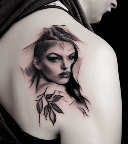 Image similar to tattoo design sketch of an extremely beautiful woman with a background of beautiful mountains on her side, hyper - realistic, double exposure effect, in the style of den yakovlev, amazing detail, black and white, faded