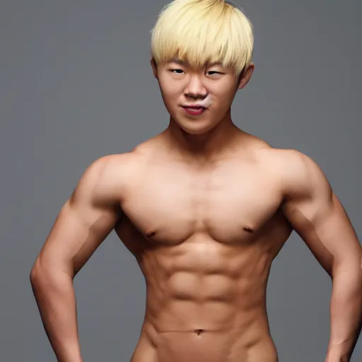 Image similar to a blond korean 2 0 year old man with large muscles and abs