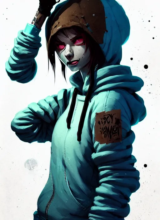 Image similar to highly detailed portrait of a sewer punk swedish lady, hoodie, white hair by atey ghailan, by greg rutkowski, by greg tocchini, by james gilleard, by joe fenton, by kaethe butcher, gradient blue, black, brown and cyan color scheme, grunge aesthetic!!! ( ( graffiti tag wall background ) )