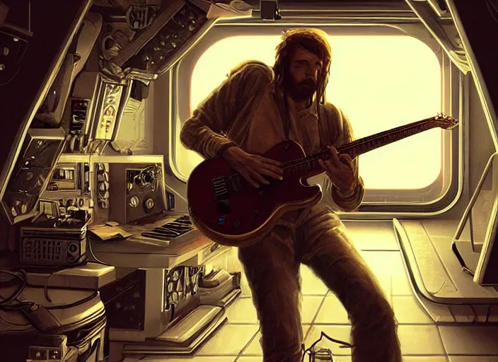 Prompt: highly detailed digital art, diverse human playing guitar in galley on the nostromo, science fiction, cg society, artstation