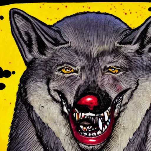 Prompt: portrait of retarded wolf, squint eyes, rabies, propaganda style, vivid colors, detailed