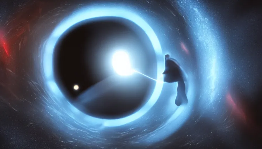 Image similar to an astronaut is falling inside a black hole and is bent into a vortex, volumetric lighting, interstellar, black hole light lensing, event horizon, digital art, wallpaper, 4 k