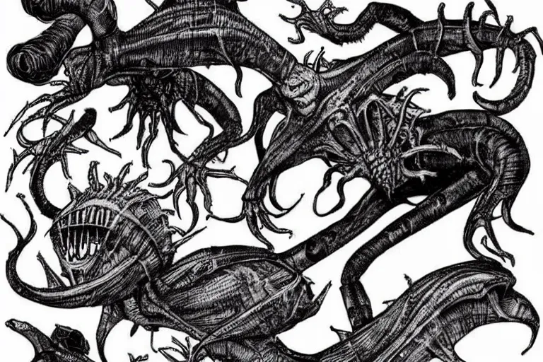 Image similar to several alien sea creature designs, silhouettes, drawings, creepy, mysterious, full page