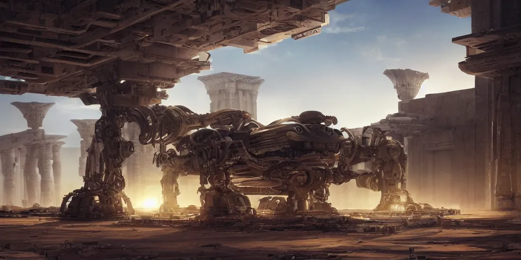 Image similar to sci fi robot repair shop with huge robots, symmetrical design, full body, full profile, inside of an egyptian temple, from avatar ( 2 0 0 9 ), artstation, volumetric light, artstation, octane render, redshift render, low angle camera, intricate, 8 k, matte painting, volumetric lighting, cinematic composition, -