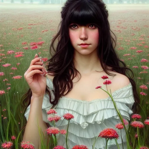 Image similar to a beautiful girl with dark hair and bangs, sitting in a field of flowers, fantasy, intricate, elegant, highly detailed, digital painting, artstation, concept art, matte, sharp focus, illustration, art by Artgerm and Greg Rutkowski and Alphonse Mucha