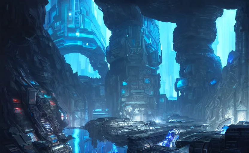 Prompt: cyberpunk factory in a giant dark cave, black rocks, detailed stones, dramatic light, blue crystals, hyper detailed, realistic, intricate, concept art by frank hong, mate painting, artstation