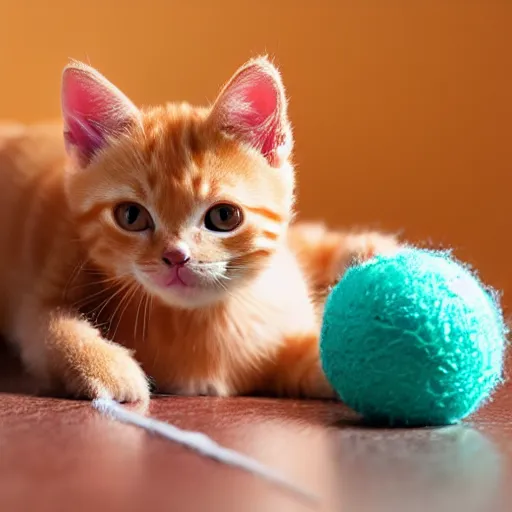 Prompt: orange tabby kitten playing with a ball of yarn, in lego, with pink background