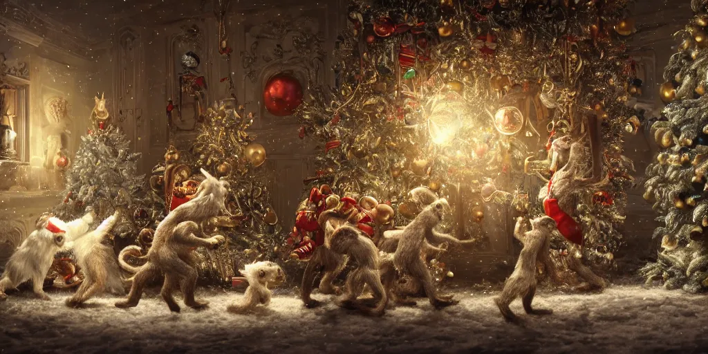 Prompt: Intricate detailed illustration, white-furred humanoid creatures fighting monkeys in front of a christmas tree, cinematic lighting, by Philip Hood, wide angle, volumetric light scattering, 8k, artstation, concept art,