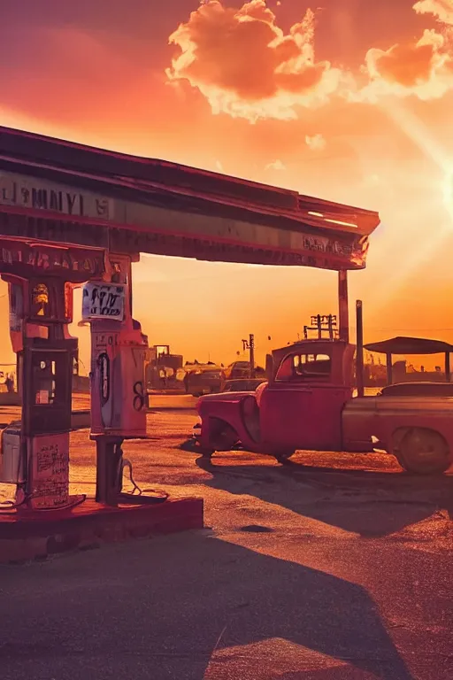 Image similar to a sunset light landscape with historical route 6 6, lots of sparkling details and sun ray ’ s, blinding backlight, smoke, volumetric lighting, colorful, octane, 3 5 mm, abandoned gas station, old rusty pickup - truck, beautiful epic colored reflections, very colorful heavenly, softlight