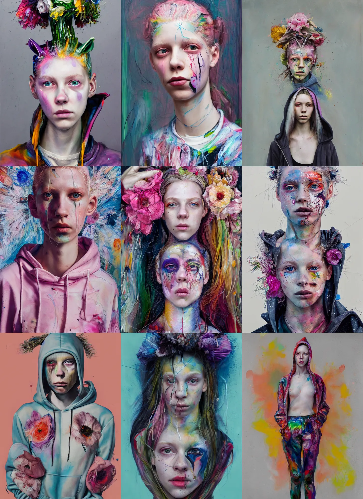 Prompt: 2 5 year old hunter schafer wearing a hoodie standing in a township street in the style of jenny saville, street fashion outfit, haute couture fashion shoot, mascara, full figure painting by martine johanna, jeremy mann, david choe, decorative flowers, 2 4 mm, die antwoord yolandi visser