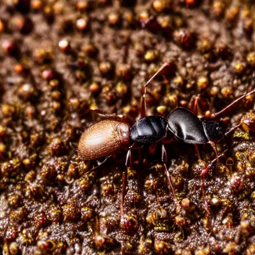 Prompt: an ant eating a seed, microscopic lense view