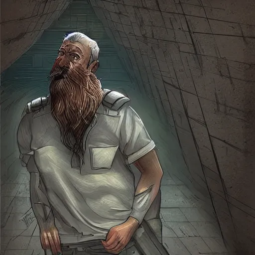 Prompt: a bearded man emerges from his bunker, digital art, artgerm