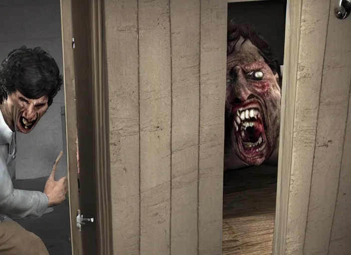 Image similar to todd howard screaming breaking down door, horror, intense