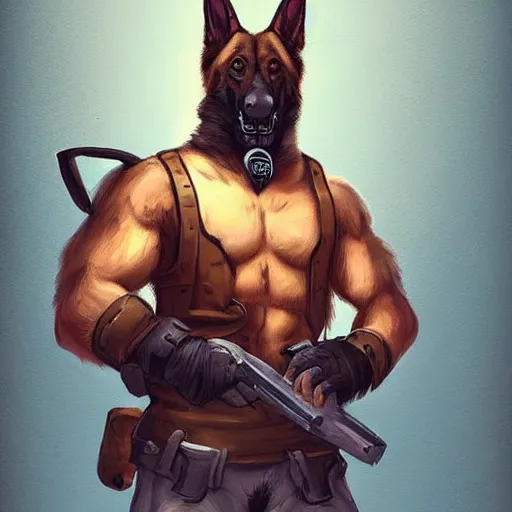 Image similar to a humanoid german shepherd beast - man in military style, holding a bottle of beer, artstation, concept art, smooth, sharp foccus ilustration, artstation