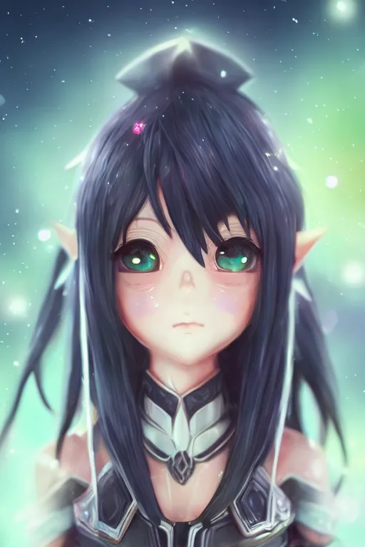 Image similar to adorable young cute anime elf girl, long black hair, fantasy armor. full body shot, symmetrical face. symmetrical detailed defined eyes. beautiful lineart. bokeh pixiv # 1 ranking depth focus, chromatic aberration, noise, soft lighting, srgb, 4 k, cinematic