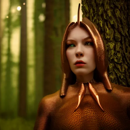 Image similar to highly detailed, ultra realistic, cinematic, woman full body with a copper nose and copper claws, high detail, 8 k, sharp focus, movie still, dramatic lighting, ray tracing, smooth, a female evil demonic character of kazakh mythology, jeztyrnak, standing in the night forrest