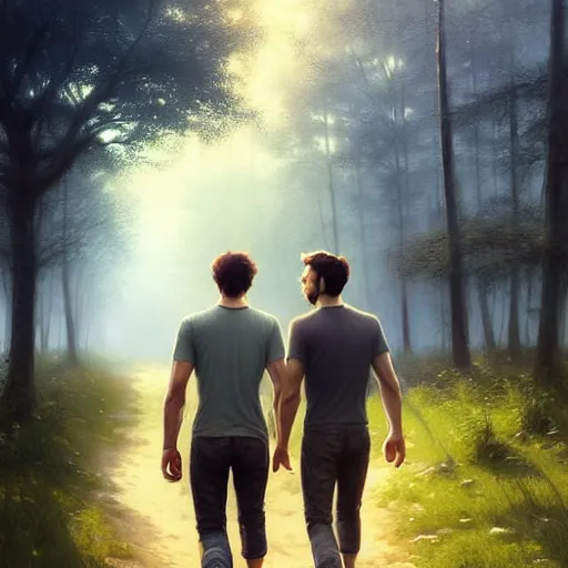 Image similar to 2 handsome masculine men walking together going to a festival | | sunny, dreamlike art, mist, realistic shaded, smile, good looking, fine details, 4 k realistic, cryengine, realistic shaded lighting poster by greg rutkowski, magali villeneuve, artgerm, jeremy lipkin and michael garmash and rob rey