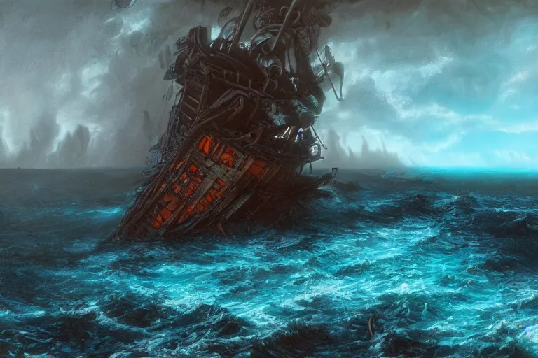 Prompt: a wrecked pirate ship on the reef, storm, lightnings, dark atmosphere, by John Howe, 4K, unreal engine 5, teal and dark blue color scheme