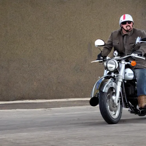 Prompt: Gray bully dog riding a motorcycle