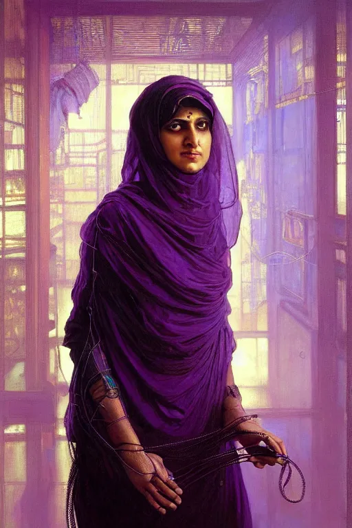 Prompt: hyperrealist portrait of a young hyderabadi muslim american woman wearing a purple niqab, it is decorated with long wires and computer monitors are all over their body within the cyberpunk office background. by jeremy mann and alphonse mucha, fantasy art, photo realistic, dynamic lighting, artstation, poster, volumetric lighting, very detailed faces, 8 k, award winning