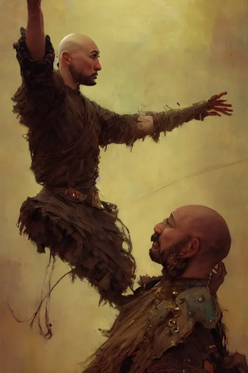 Prompt: creative bald kazakh guy with a short beard, painted by ruan jia, raymond swanland, lawrence alma tadema, zdzislaw beksinski, norman rockwell, jack kirby, tom lovell, alex malveda, greg staples