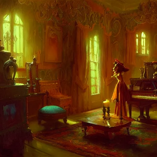 Image similar to inside the haunted mansion. highly detailed painting by gaston bussiere, craig mullins, j. c. leyendecker 8 k