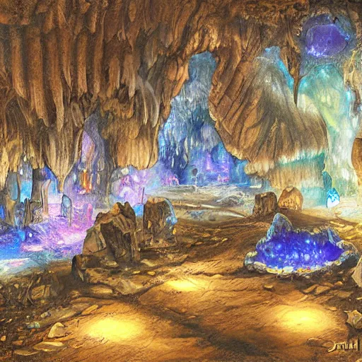 Prompt: a cave with huge glowing crystals in the walls and piles of bones on the floor, art by josh durham