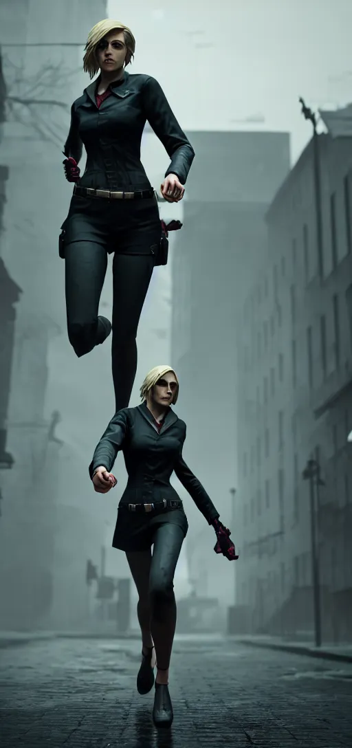 Image similar to beautiful annie leonhart running on high heels in dunwall city, redshift render, beautiful face, detailed face, cinematic lighting, rainy weather, melancholy atmosphere, volumetric light, octane render, dishonored 1, gothic architecture, realistic reflections, octane render 8 k