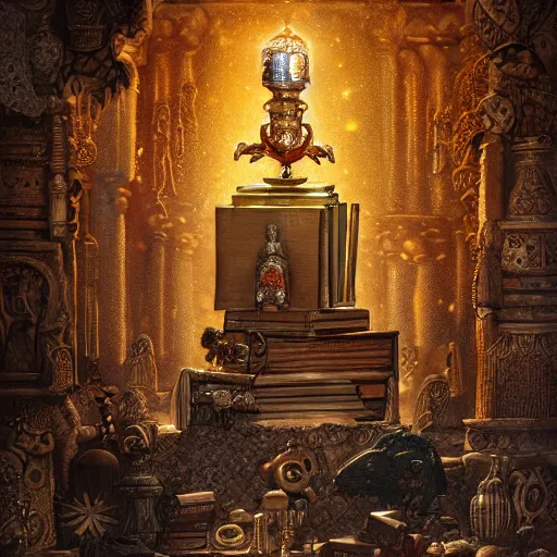 Image similar to !dream epic view of an ancient dark byzantine interior, ornate oil lamp on a pile of crystals, books covered in jewels, ornate, surrounded by strange statues and treasure, full of sand and dust, hyper real, Indiana Jones, Tomb Raider, trending on artstation, concept art, cinematic, jewels, by Greg Rutkowski