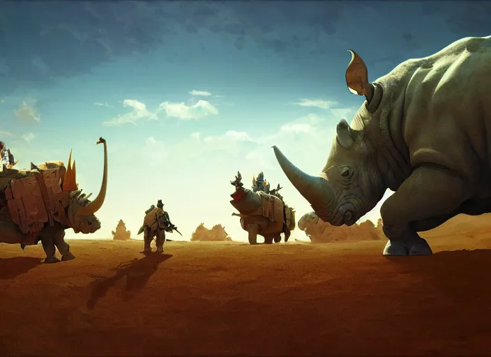 Image similar to the big large expedition with a lot of explores, warriors and adventurers, being brought by gigantic rhinos carrying stuff towards the desert of duhnes medium shot, studio ghibli animation, anime key art by craig mullins, bloom, dramatic lighting