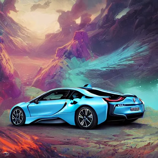 Image similar to bmw i 8 colorful, fantasy, intricate, highly detailed, digital painting, hq, trending on artstation, illustration, style of stanley artgerm and greg rutkowski and dan mumford