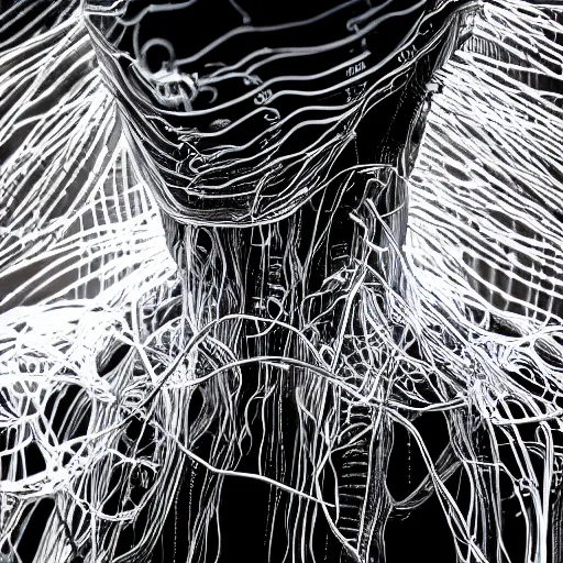 Image similar to nervous system made of wires and alien technology in a white room with glowing leds, hyper detailed, surreal concept art, apocalyptic, realistic, alive, industrial, tech, black and white photo on film, grain, cyborg, futuristic, humanoid, dream,