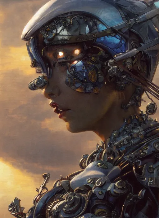 Prompt: symmetry!! closeup! of a pirate biker girl, cyborg armor, in clouds, cinematic light, windy, sunrise, by gerald brom, by mikhail vrubel, by peter elson, muted colors, extreme detail, trending on artstation, 8 k