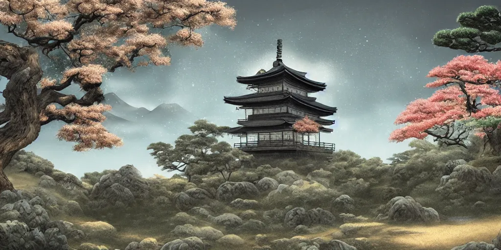 Prompt: digital painting of old japanese landscape with pagoda, curved trees and rocks, detailed, high quality, trending on artstation